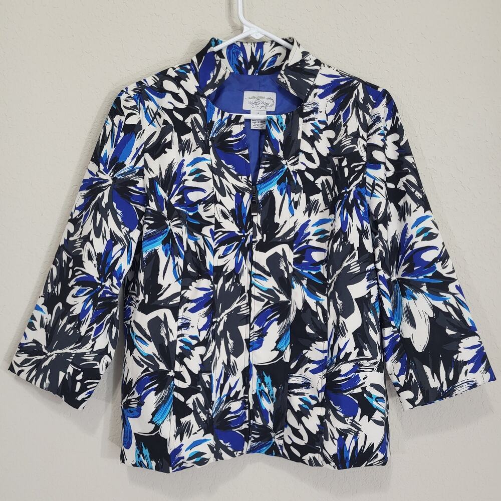 Molly and Maxx Jacket Womens Size Small Blue Black  Floral Zippered Statement